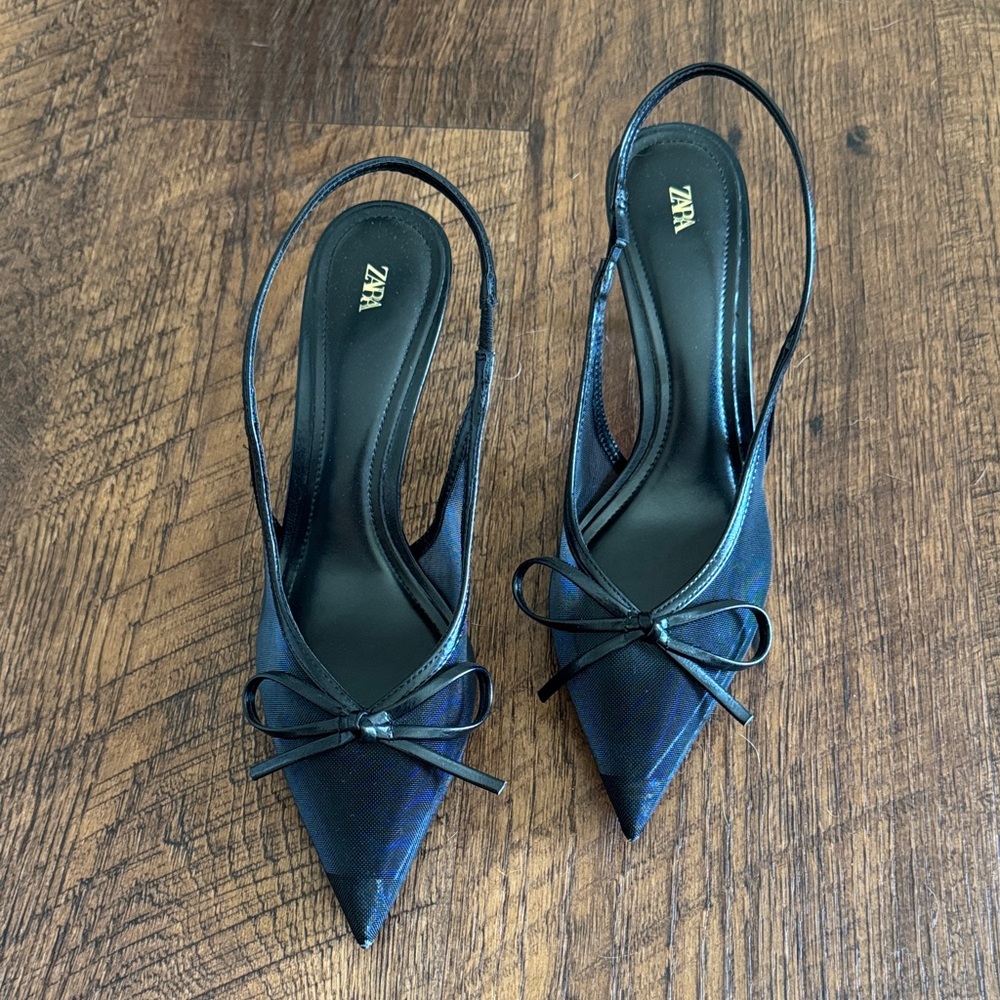 Zara Black Pointed Slingback Pumps with Bow Accent